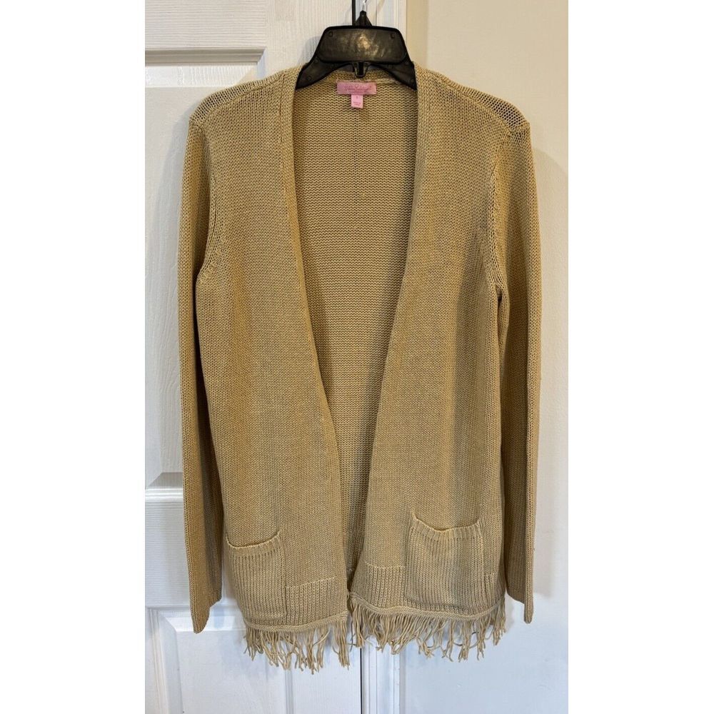 Lilly Pulitzer Tatum Cardigan With Fringe‎ Women's Sz S Tan with Gold Metallic
